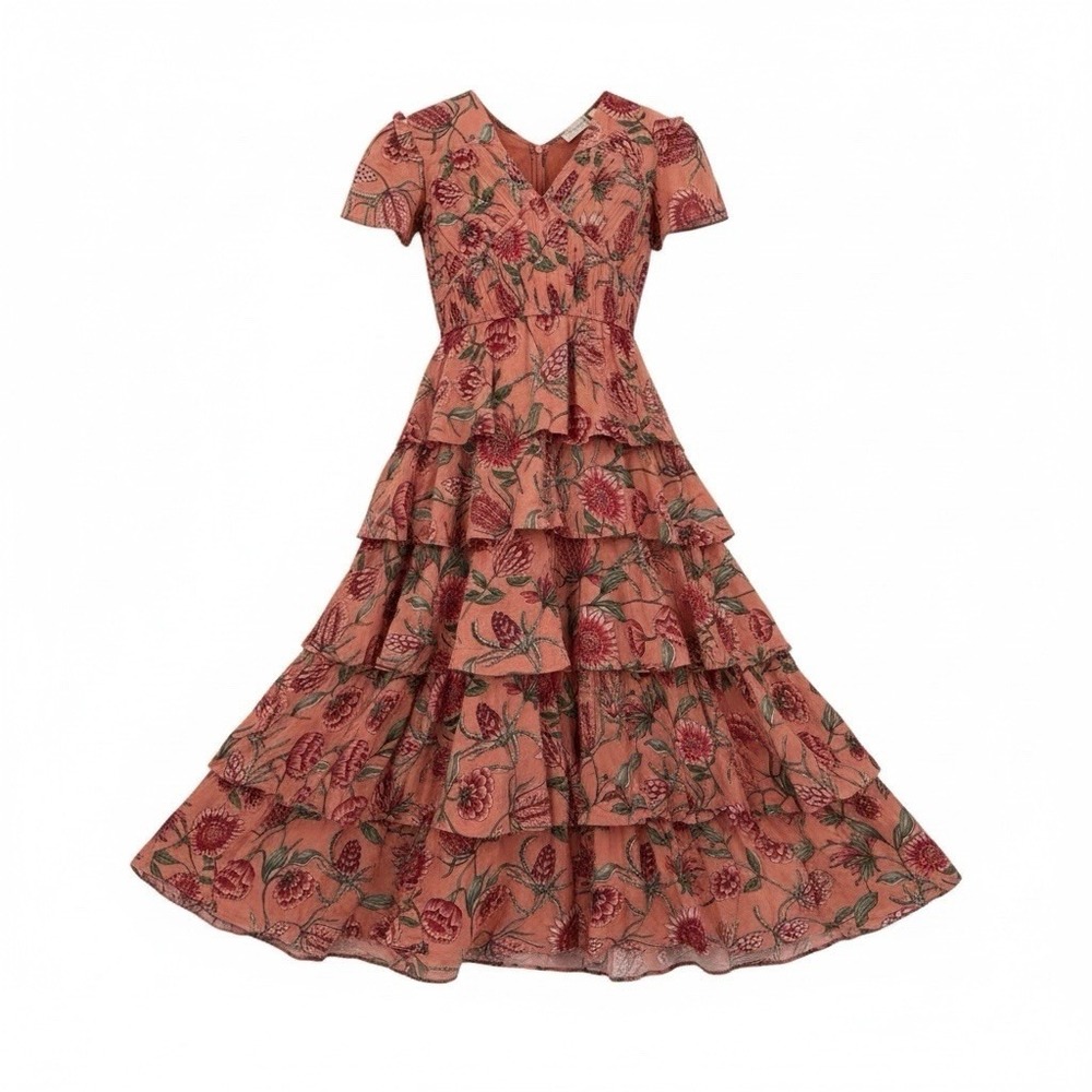 Banjanan Brigit Tiered Midi Dress Women Size M Orange Floral Boho Cottagecore